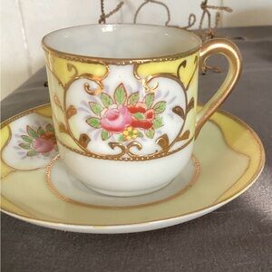 Floral Gold-Trimmed Teacup and Saucer